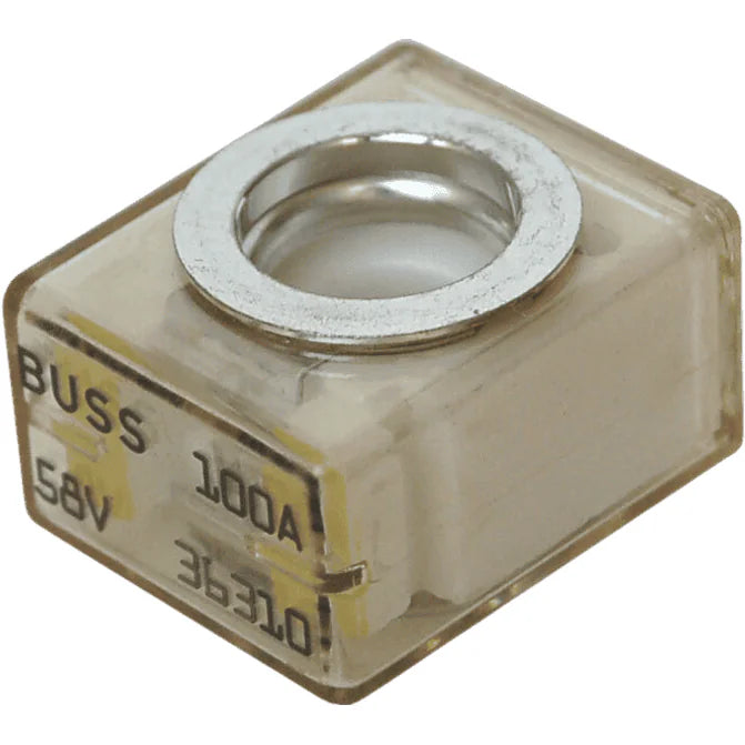 Angled view of 100A MRBF terminal fuse with clear housing and silver ring terminal