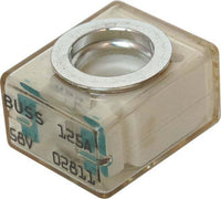 Close-up of marine terminal fuse with translucent body and metal ring, marked 125A and 58V