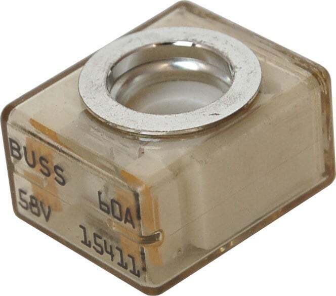 Angled view of 60A MRBF terminal fuse showing clear housing and 58V rating stamp