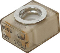 Angled view of 60A MRBF terminal fuse showing clear housing and 58V rating stamp