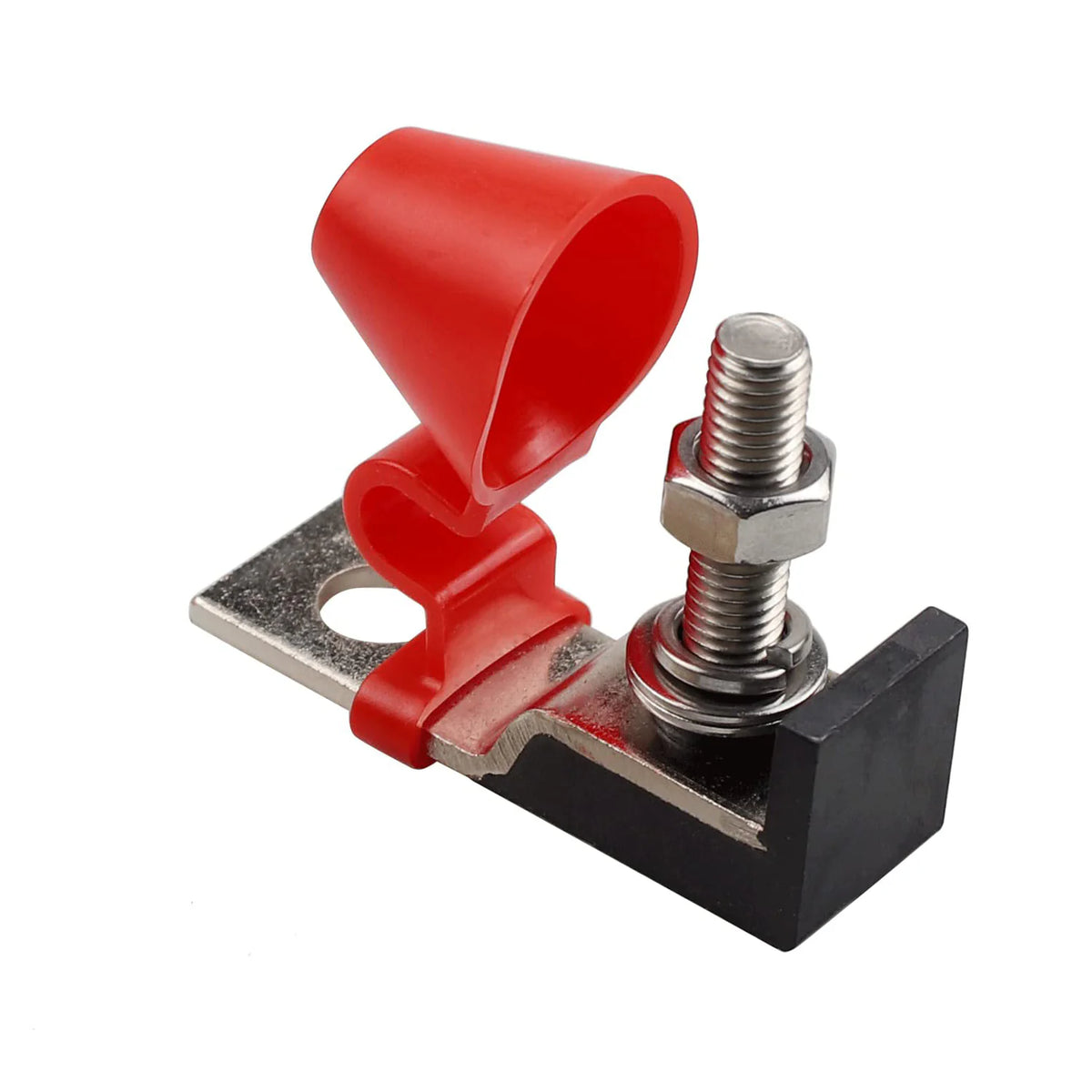 Angled view of MRBF terminal fuse block with red insulating cover open, revealing stud and mounting plate