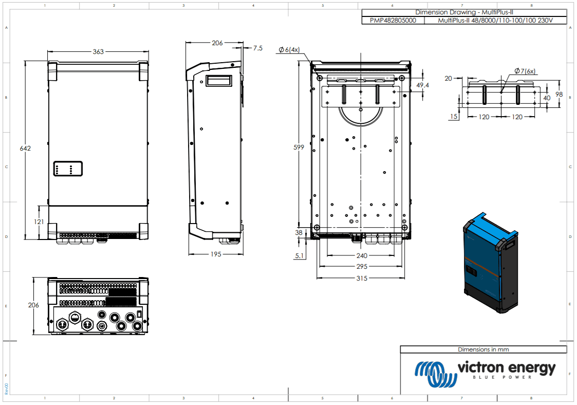 Technical dimensional drawing of the MultiPlus-II 10000VA inverter charger
