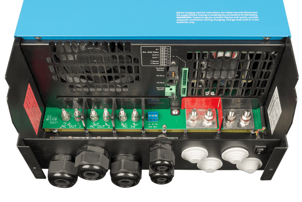 Top-down internal view of AC and DC connection terminals on MultiPlus-II 10kVA