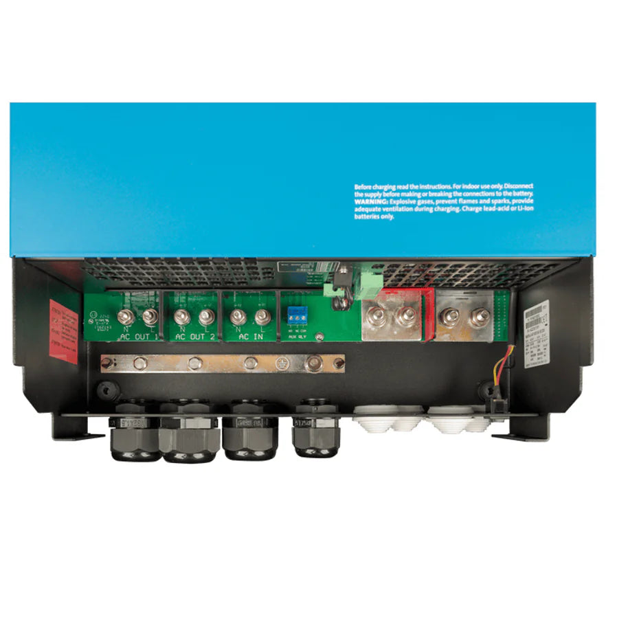 Internal connection bay showing M8 battery studs and AC wiring terminals
