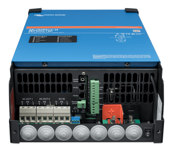 Bottom view of MultiPlus-II showing AC terminals, communication ports and battery bolts
