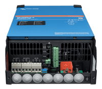 Bottom view of MultiPlus-II showing AC terminals, communication ports and battery bolts