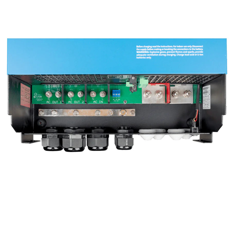 Detailed view of AC input and output screw terminals and M8 DC battery connection bolts