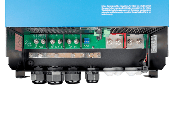 Detailed view of AC input and output screw terminals and M8 DC battery connection bolts