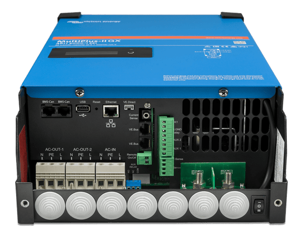 Internal connection panel of MultiPlus-II GX showing AC, DC and data terminals