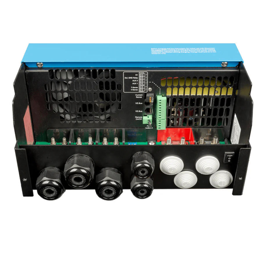 Internal view of MultiPlus-II connection area with AC terminals, DC bolts, and communication ports
