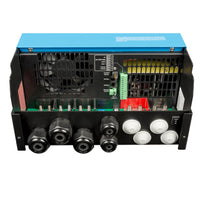 Internal view of MultiPlus-II connection area with AC terminals, DC bolts, and communication ports