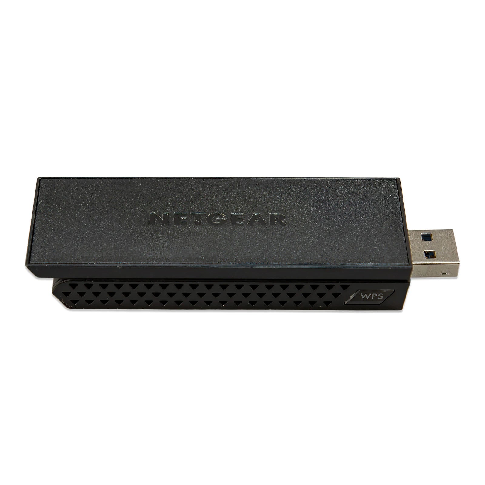 Side profile of black USB WiFi adapter showing ventilation and WPS button