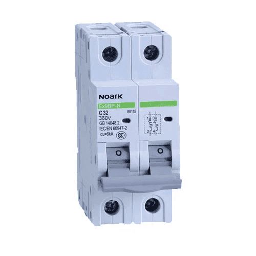 Angled view of Noark 2-pole non-polarised DC circuit breaker showing terminals and toggle switch