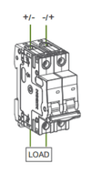 Technical wiring diagram indicating load connection and non-polarised wiring for a 2-pole breaker