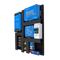 Perspective view of the Noosa 50 Plus pre-wired Victron power system on a black mounting board