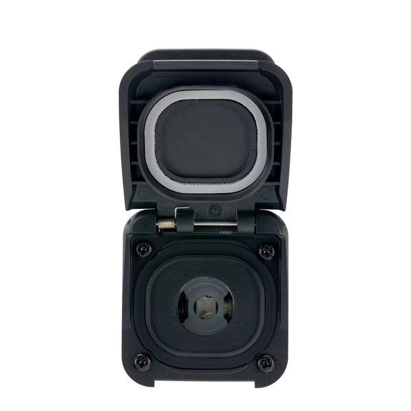 Front-on view of Scanstrut 12V accessory socket with protective lid open