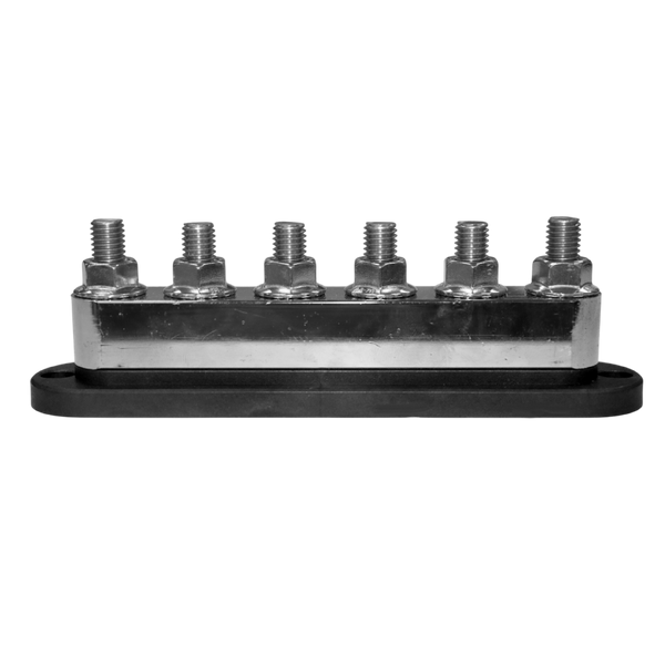 Side view of busbar with cover removed exposing heavy-duty M10 connection points