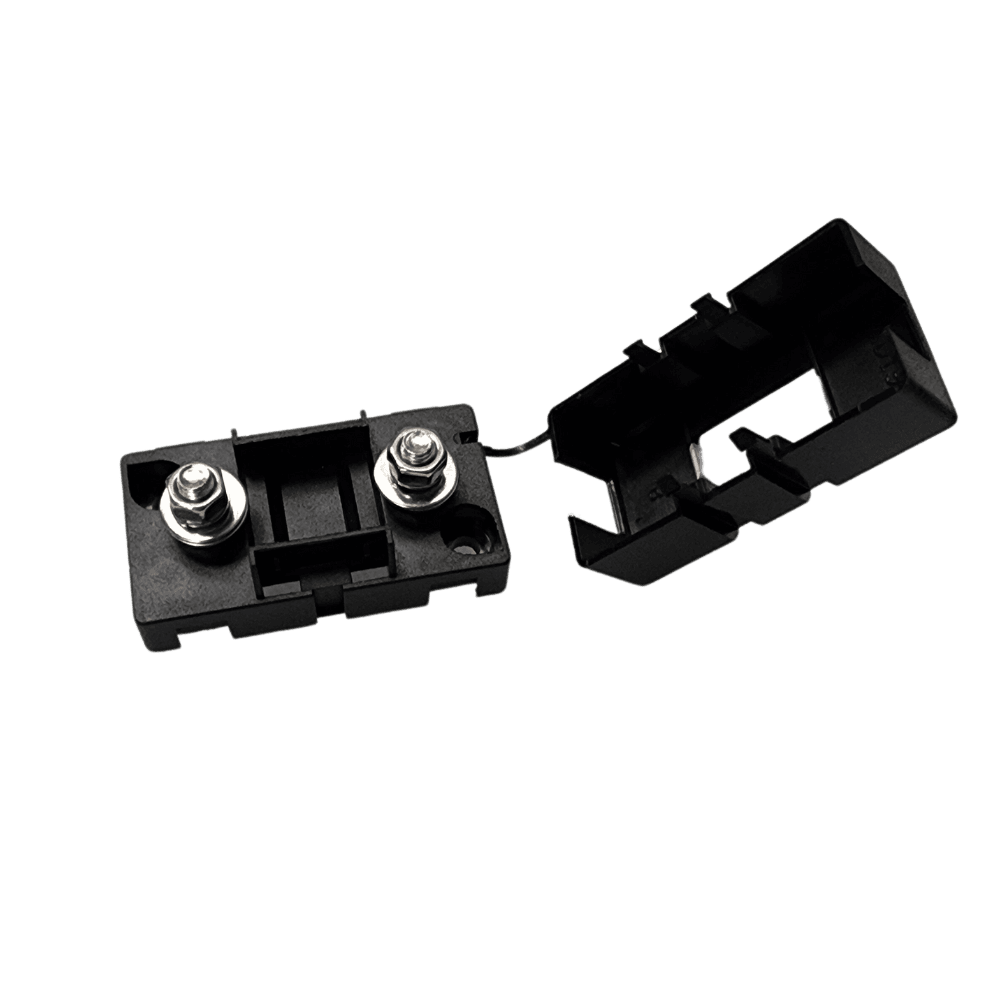 Open fuse holder base showing two threaded studs with nuts and a tethered protective lid