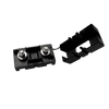 Open fuse holder base showing two threaded studs with nuts and a tethered protective lid