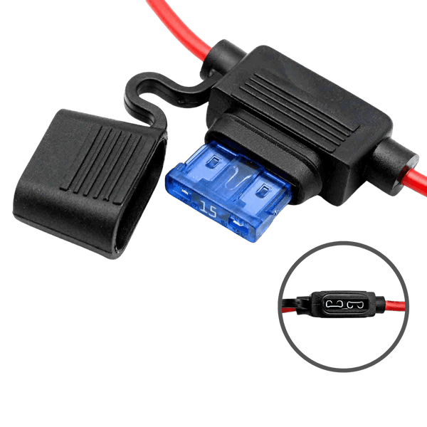 Open inline fuse holder showing blue blade fuse and terminal contact inset