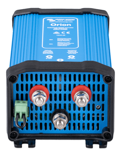 Angled view of connection terminals on Victron Orion DC-DC converter with M6 bolts