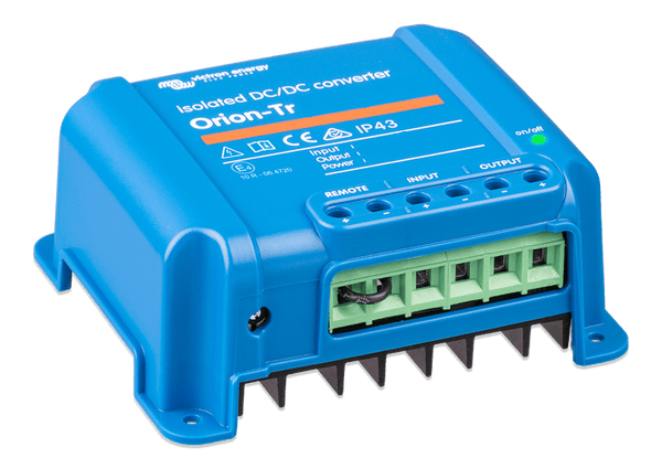 Angled view of the IP43 rated blue housing of the Victron DC-DC converter