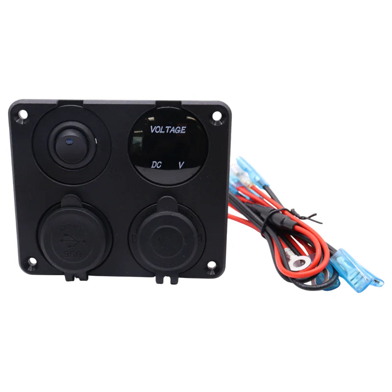 Front view of 4-gang panel with closed dust covers and included wiring harness