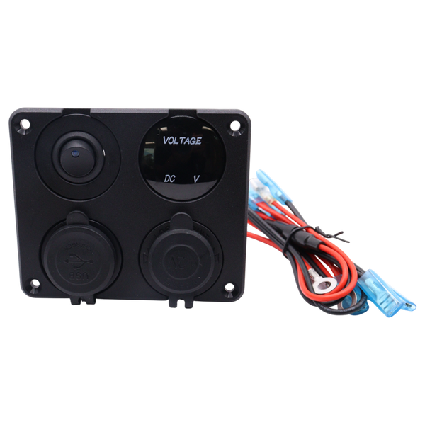 Front view of 4-gang panel with closed dust covers and included wiring harness