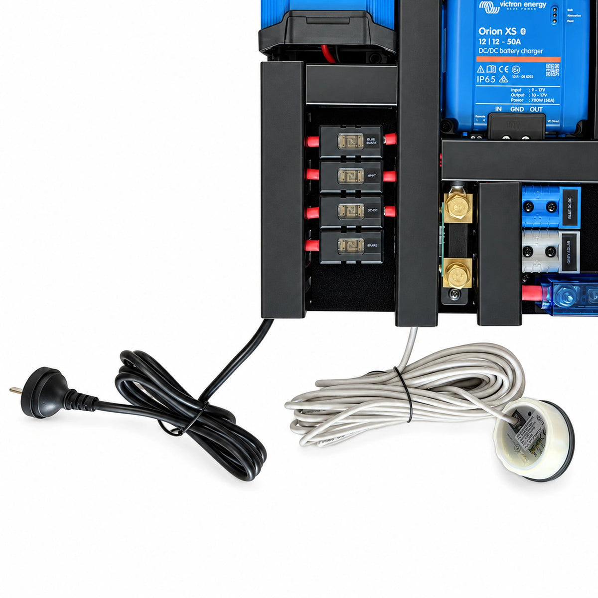 Close-up of the AC power plug and networking cable for the pre-wired board
