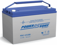 Power-Sonic 12V 125Ah AGM deep cycle battery with blue lid and integrated carry handle
