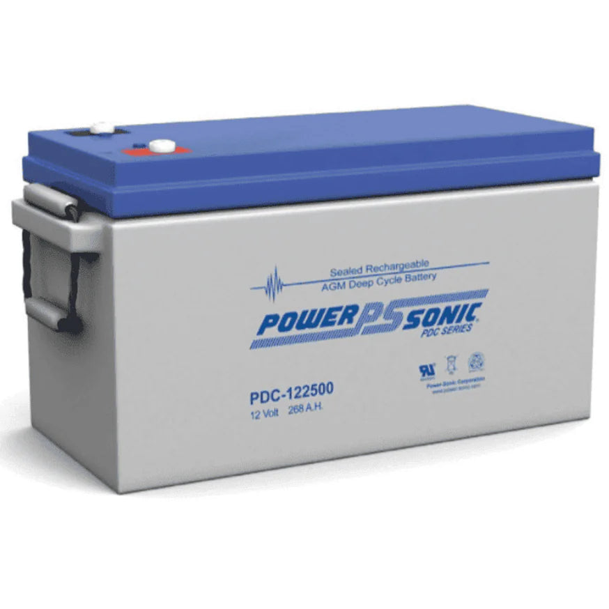 Power-Sonic 12V 268Ah AGM deep cycle battery with blue lid and heavy-duty rope handles