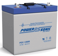 Power-Sonic 12V 59Ah AGM deep cycle battery with blue lid and rope carry handle
