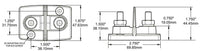 Technical dimension drawing showing top and side views with metric and imperial measurements