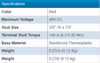 Technical specifications table showing voltage, stud size, torque and weight