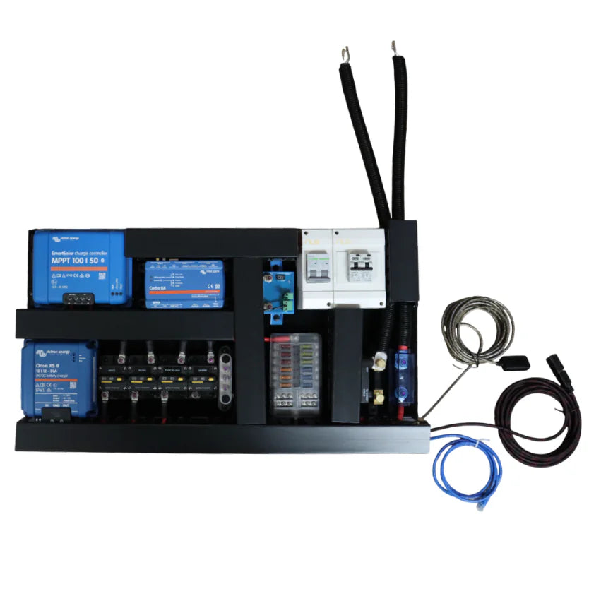 Top-down view of pre-wired board with attached AC cabling and communication wires
