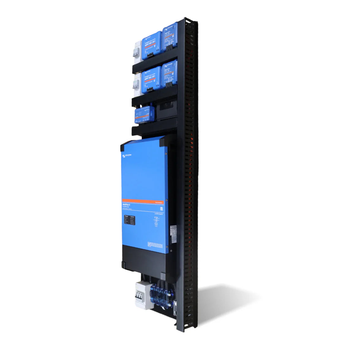 Angled side view of pre-wired Victron power board showing stacked components and cable ducting