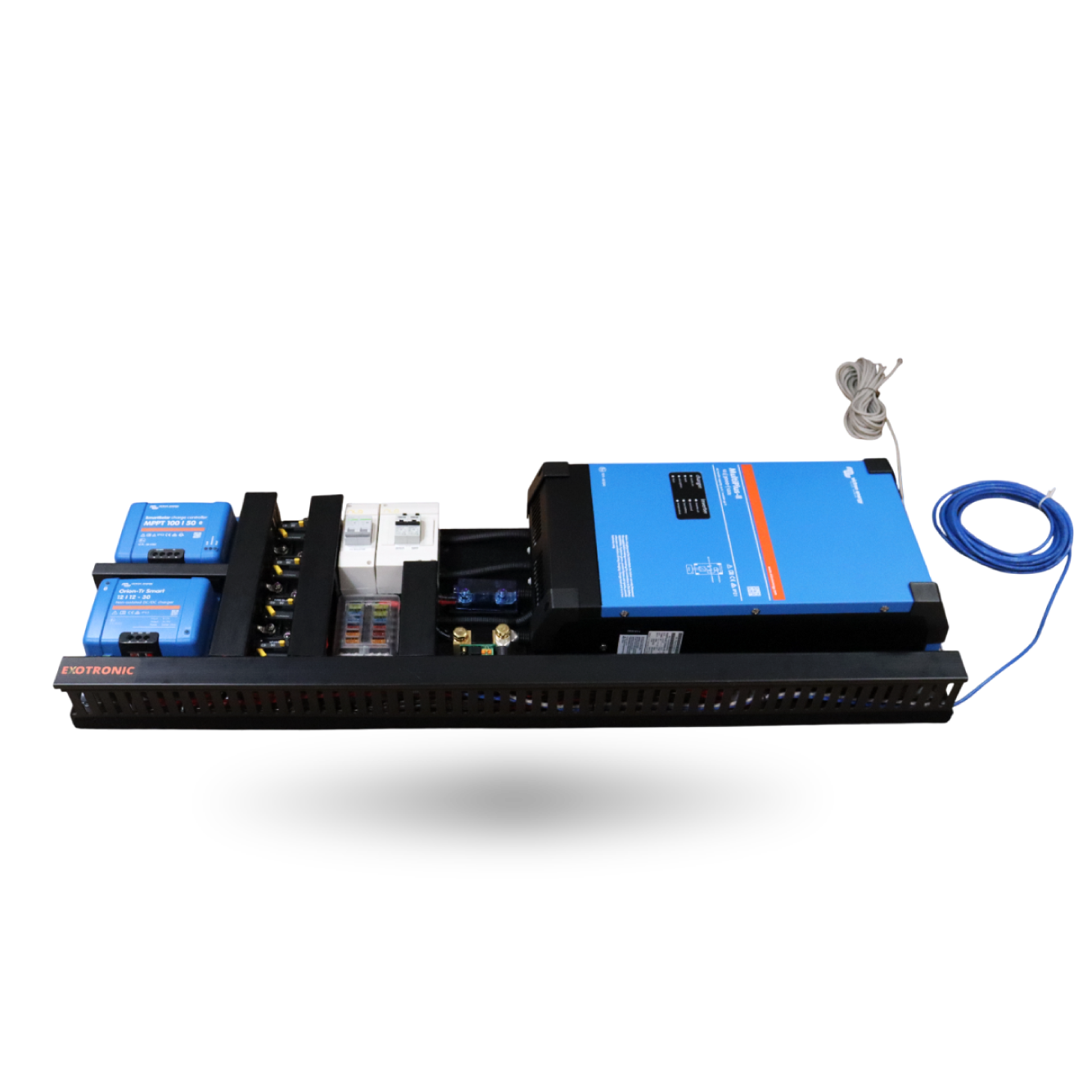 Exotronic pre-wired board with Victron MultiPlus-II, MPPT and DC-DC charger on black alloy chassis