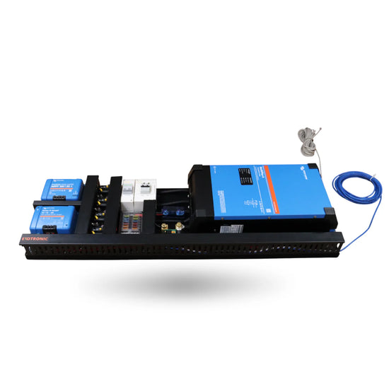 Exotronic pre-wired board with Victron MultiPlus-II, MPPT and DC-DC charger on black alloy chassis