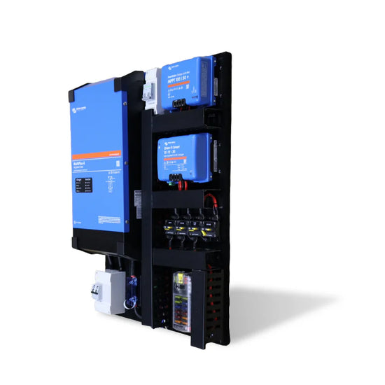 Side angled view of pre-wired Victron power board with inverter and chargers on a black background