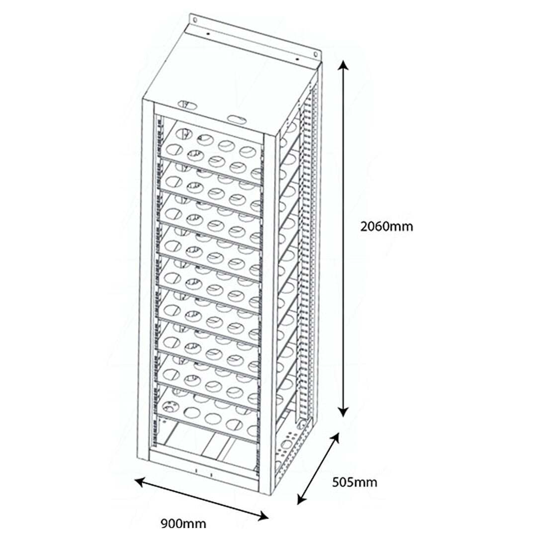 Line drawing of the Pylontech indoor battery rack with dimensions of 2060mm height, 900mm width and 505mm depth