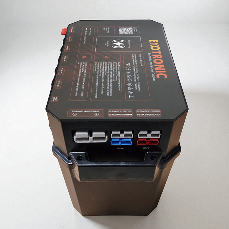 Rear view of battery box lid displaying 175A and 50A Anderson input and output ports