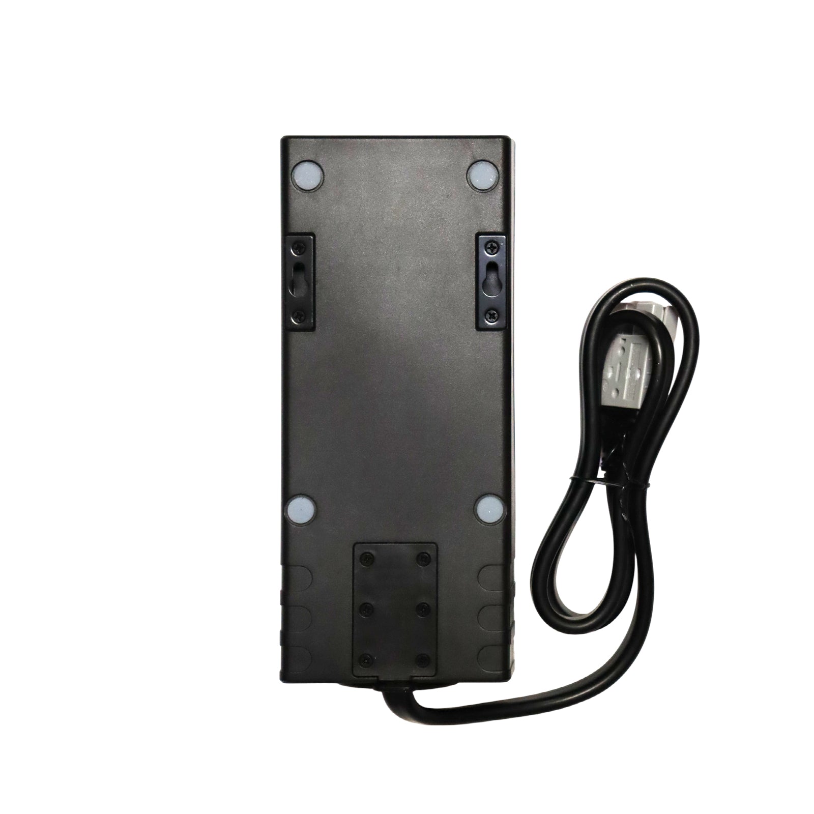 Underside of control hub showing recessed mounting points and cable strain relief