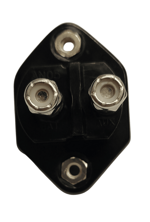 Rear view of circuit breaker housing showing two threaded stainless steel stud terminals for electrical connection