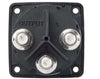 Rear view of battery switch showing three tinned copper terminal studs labeled Output, 1, and 2