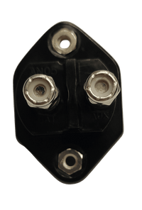 Rear view showing two threaded stud terminals labeled AUX and BAT on black thermal plastic housing