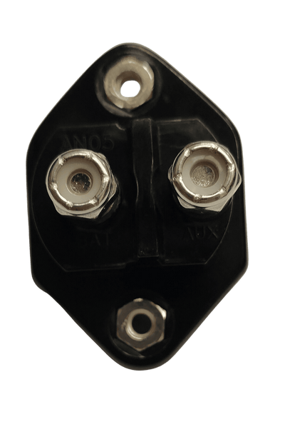 Rear view of circuit breaker showing battery and auxiliary terminals with nuts