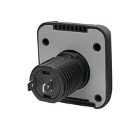 Rear view of 12V socket showing threaded barrel and electrical terminals