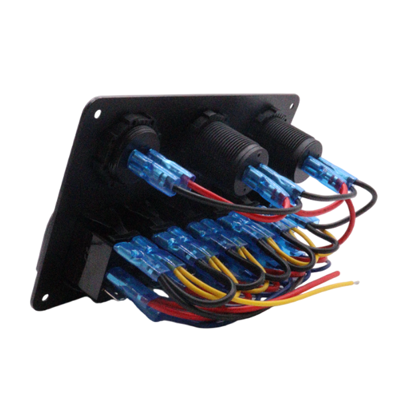 Rear view of switch panel displaying pre-wired harness with connectors and fuses