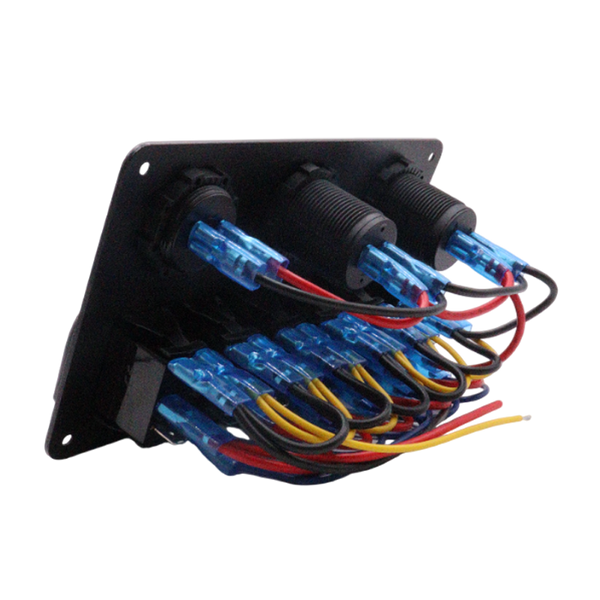 Rear view of switch panel displaying pre-wired harness with connectors and fuses