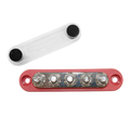 Top-down view of red 5-stud busbar with clear protective cover removed